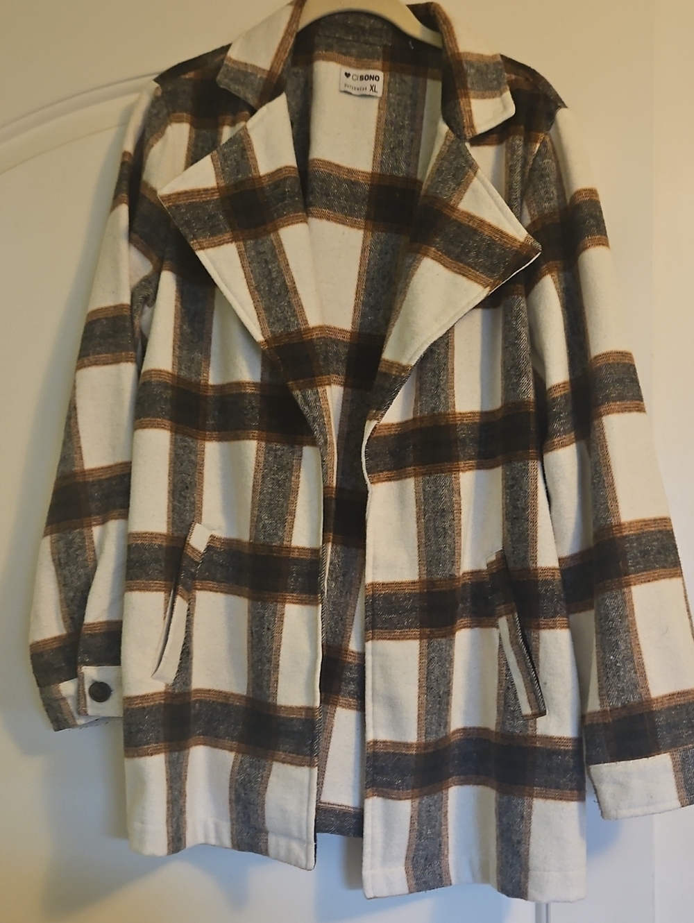 Lightweight Plaid Open-Front Coatigan - Cream & Brown